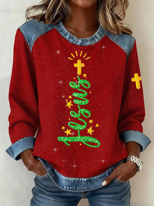 Women's Christmas Belief Pattern Patchwork Art Sweatshirt