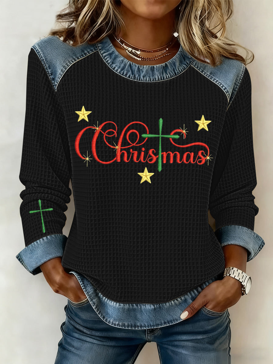 Women's Christmas Belief Print Waffle Sweatshirt