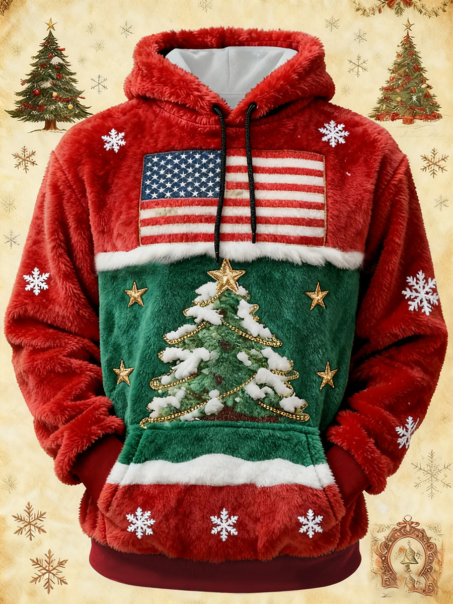 Men's Christmas Tree  America Flag  Flannel Hoodie
