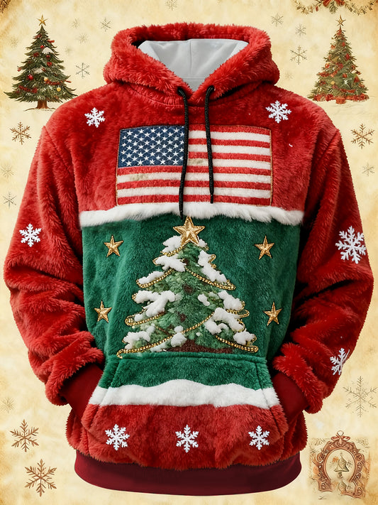 Men's Christmas Tree  America Flag  Flannel Hoodie