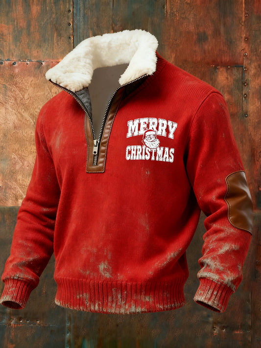 Vintage-Style Merry Christmas Lambswool Collar Zipper Pullover