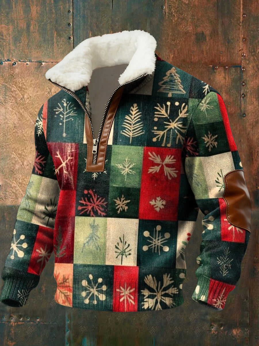 Vintage Plaid Lambswool Collar Zipper Pullover for Christmas