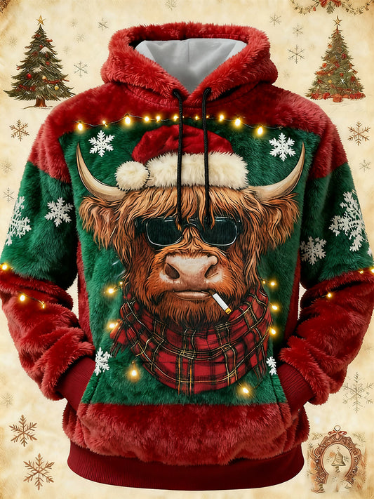 Men's Funny Christmas Cute Highland Cow Flannel Hoodie