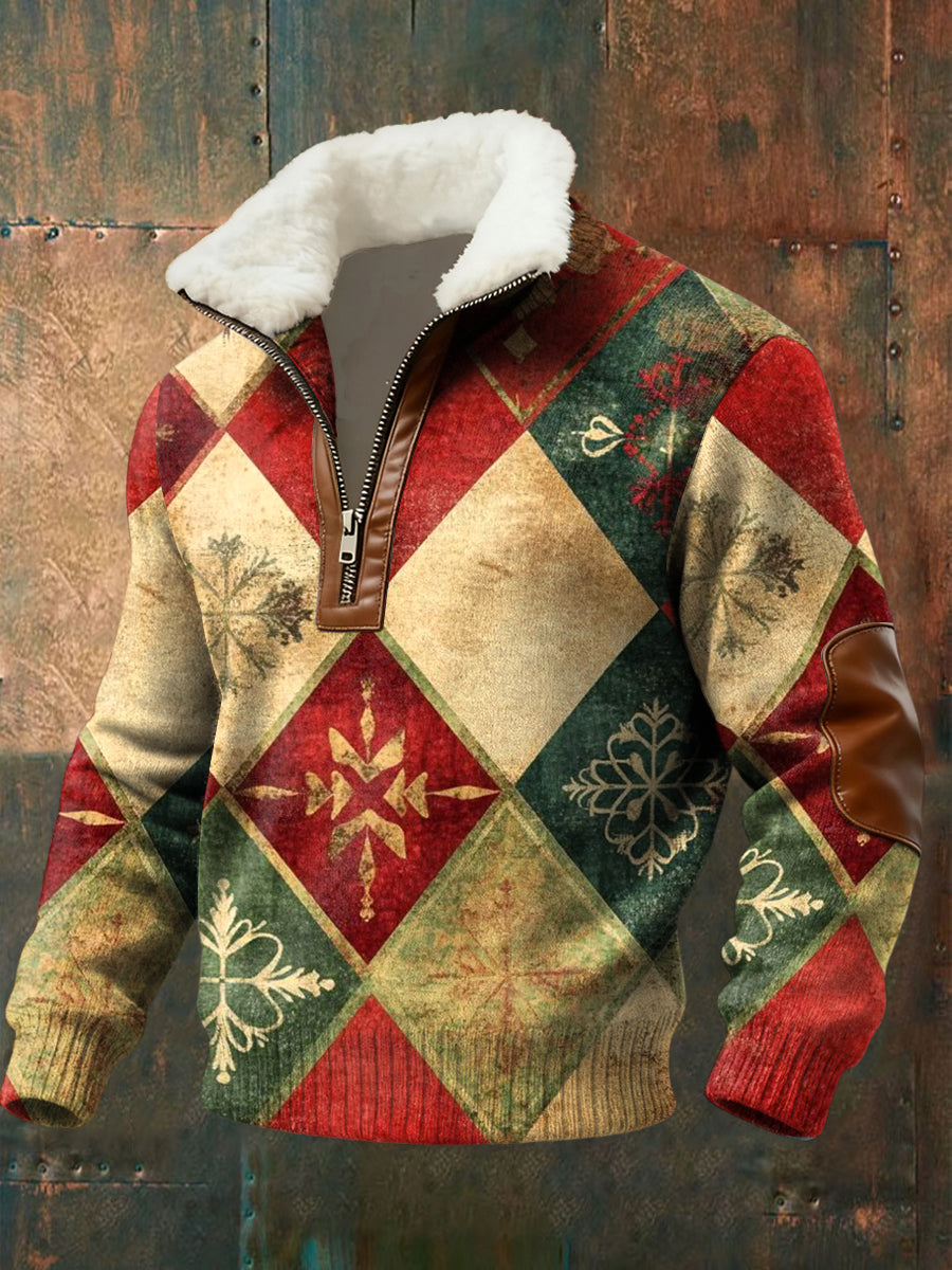 Vintage-Style Christmas Plaid Shearling-Collar Zipper Pullover