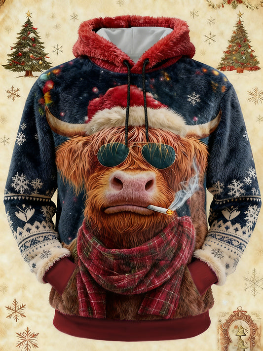 Men's Funny Christmas Cute Highland Cow Flannel Hoodie