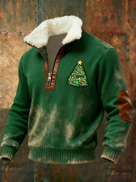 Vintage Christmas Tree Lambswool Collar Zipper Pullover