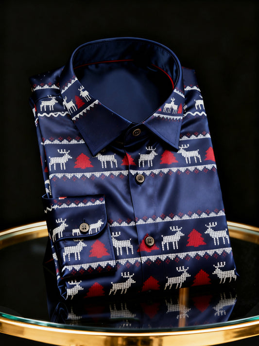 Christmas Reindeer Geometric Business Satin Long-Sleeve Shirt
