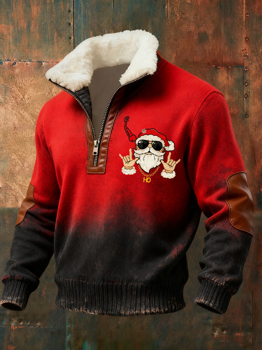 Retro Rock Santa Claus Lambswool Collar Zipper Pullover Sweater