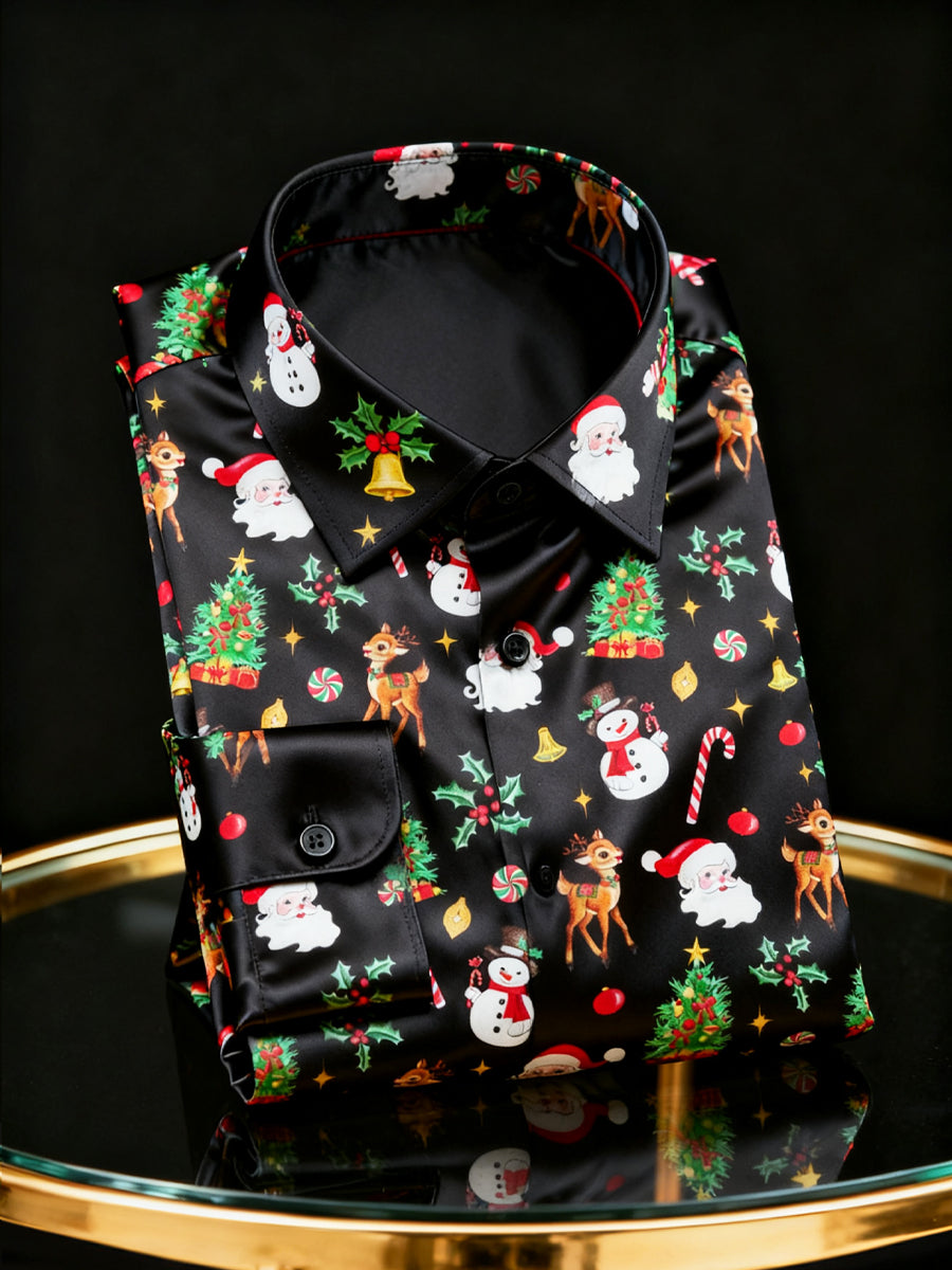 Christmas Snowman Reindeer Satin Long-Sleeve Shirt