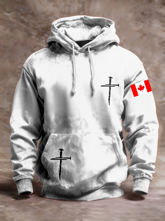 Men's Retro Canadian Flag Faith Print Comfortable Pocket Hoodie