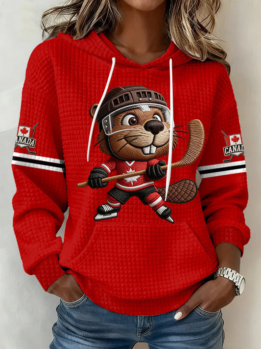 Women's Canadian Hockey Print Casual Hooded Sweatshirt