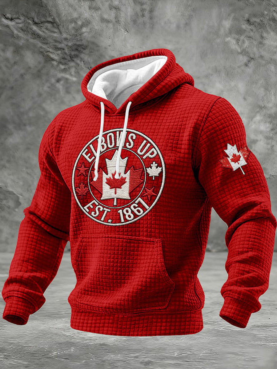 Men's Vintage Elbows Up Canada Hockey Printed Casual Hoodie