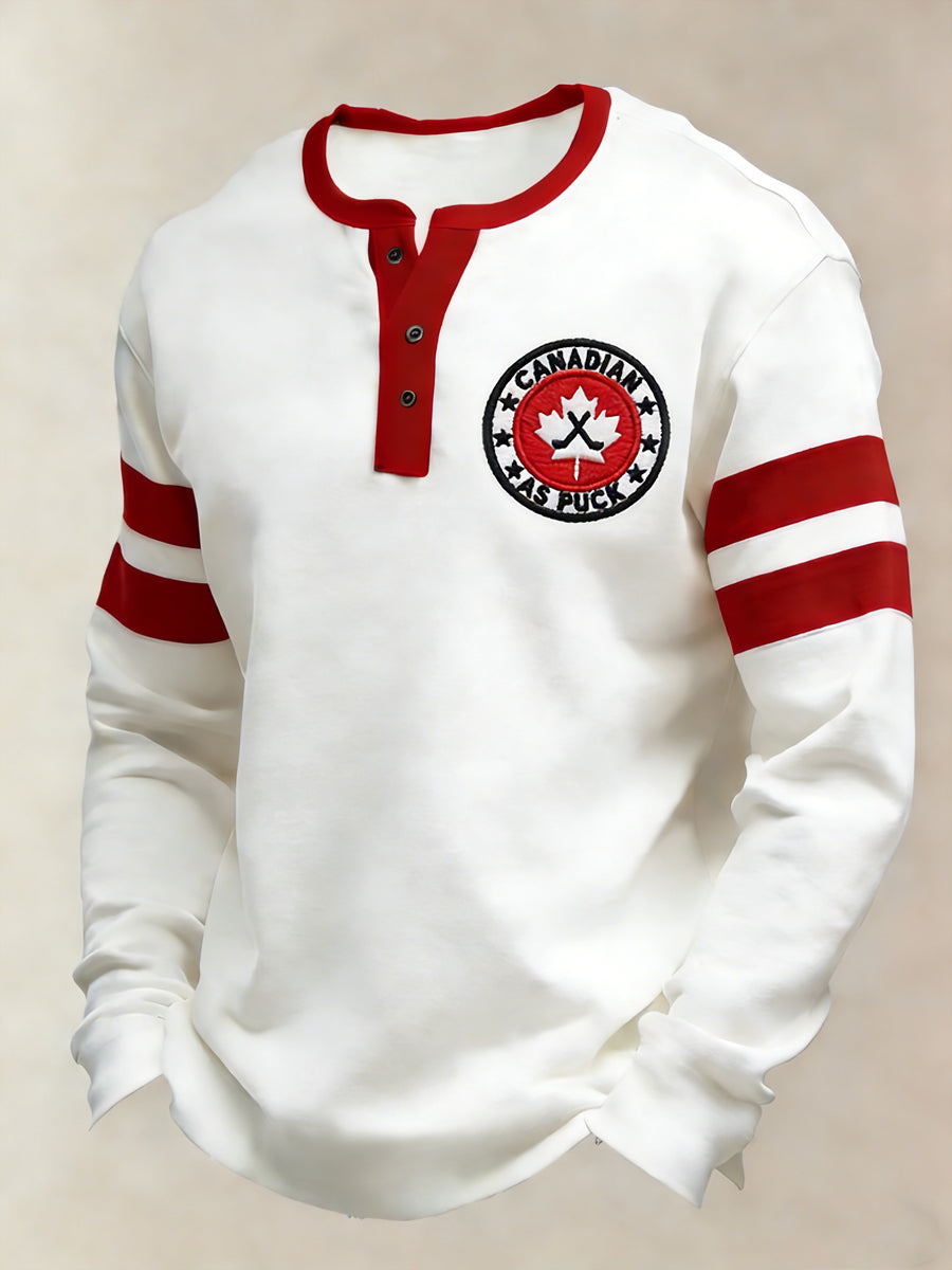 Men's Vintage Canadian Hockey Emblem Casual Henley Shirt