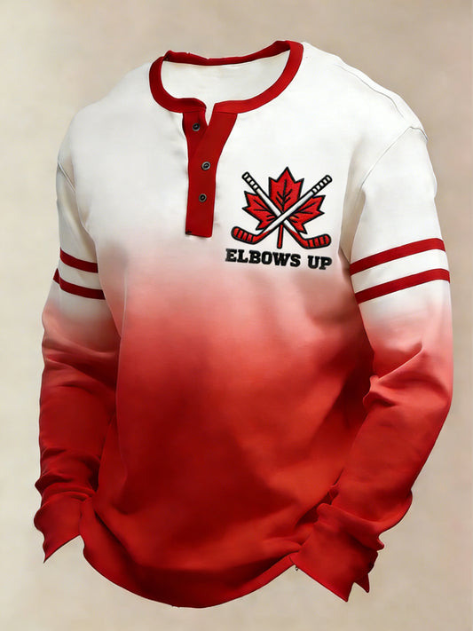 Men's Vintage Canadian Hockey Emblem Gradient Casual Henley Shirt