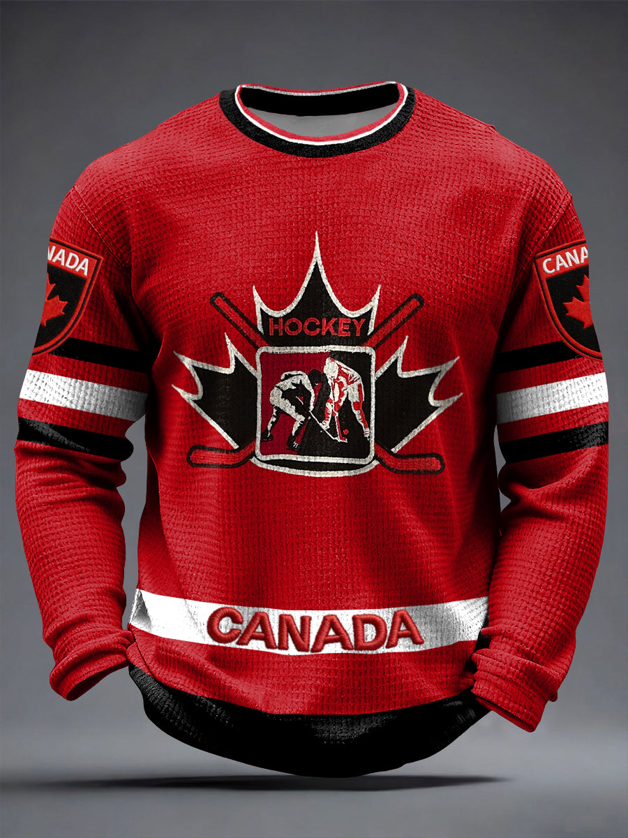 Men's Vintage Canadian Hockey Casual Waffle Weave T-Shirt