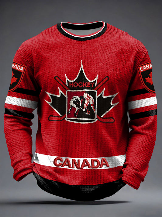 Men's Vintage Canadian Hockey Casual Waffle Weave T-Shirt