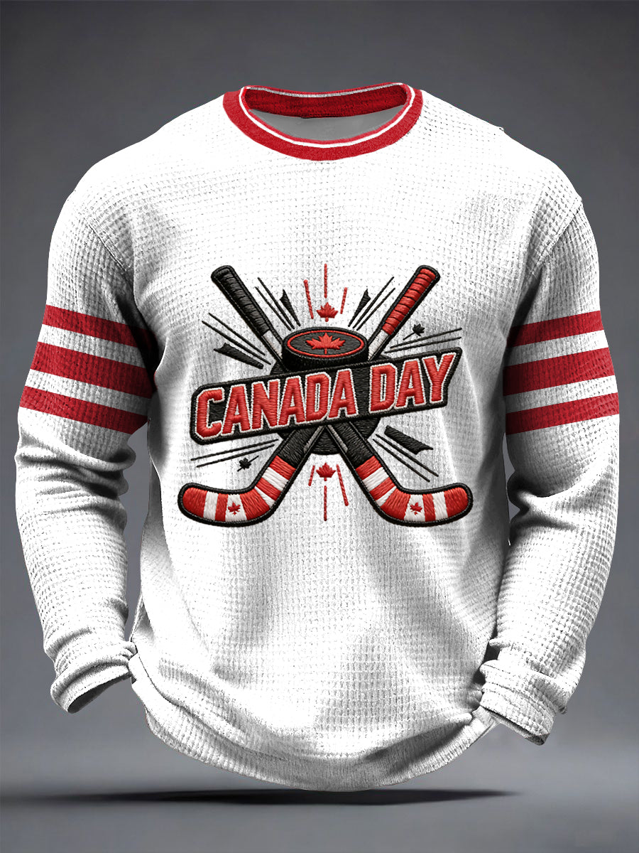 Men's Vintage Canadian Hockey Casual Waffle Weave T-Shirt