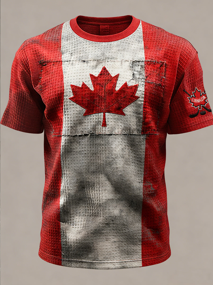 Retro Canadian Maple Leaf Patchwork Casual T-Shirt
