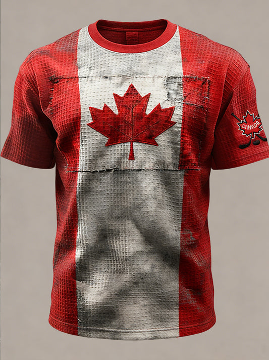 Retro Canadian Maple Leaf Patchwork Casual T-Shirt