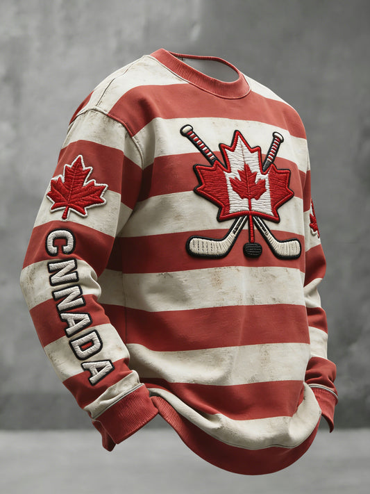 Men's Vintage Canadian Hockey Stripe Casual Crewneck Sweatshirt