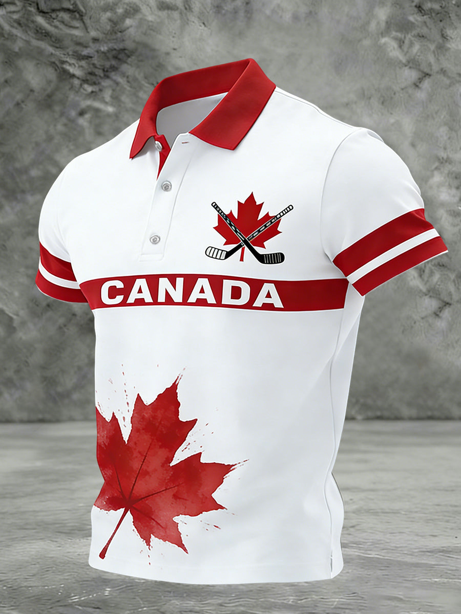 Men's Vintage Canadian Hockey Maple Leaf Casual Polo Shirt