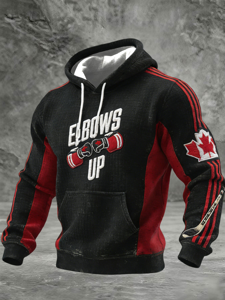 Men's Vintage Canadian Hockey Elbows Up Casual Waffle Hoodie