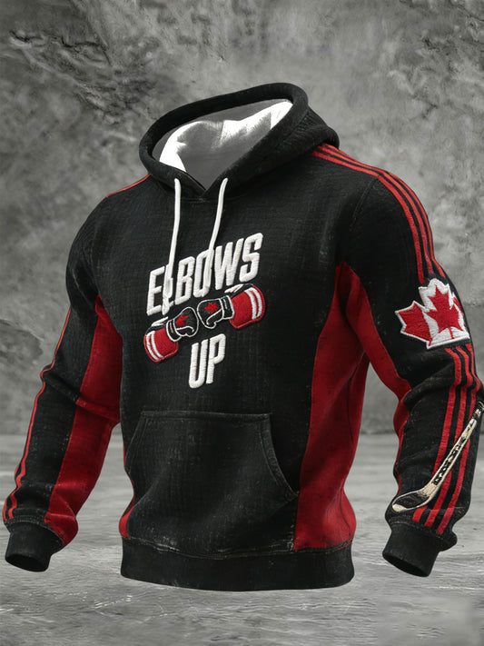 Men's Vintage Canadian Hockey Elbows Up Casual Waffle Hoodie