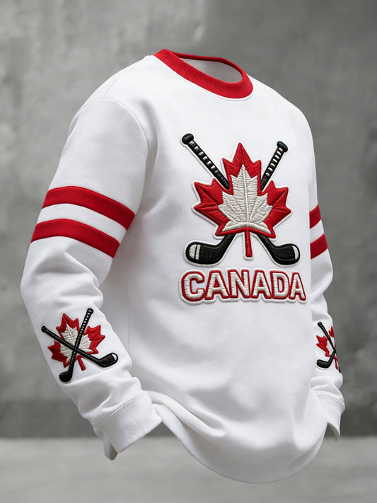 Men's Vintage Canadian Hockey Patchwork Casual Crewneck Sweatshirt
