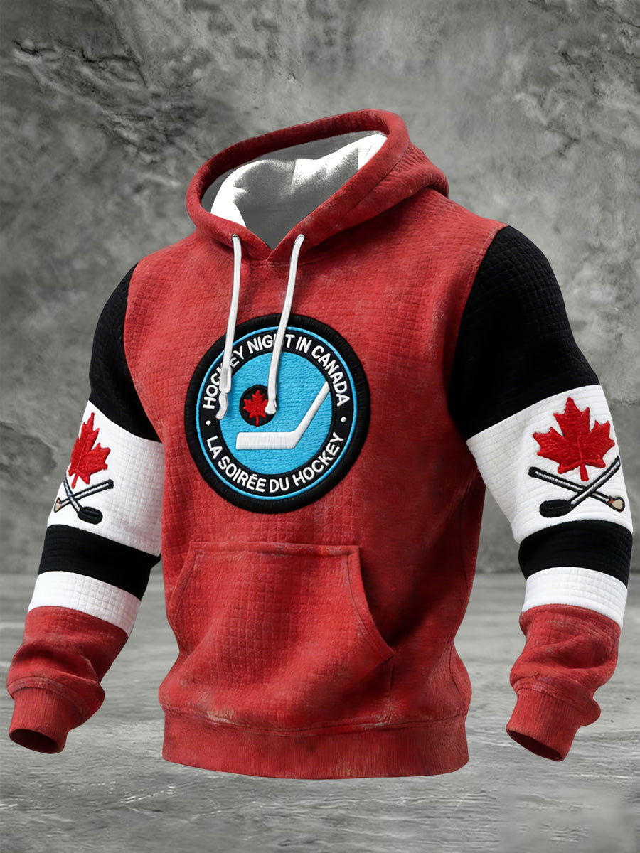 Retro Canadian Hockey Night Patchwork Casual Waffle Hoodie
