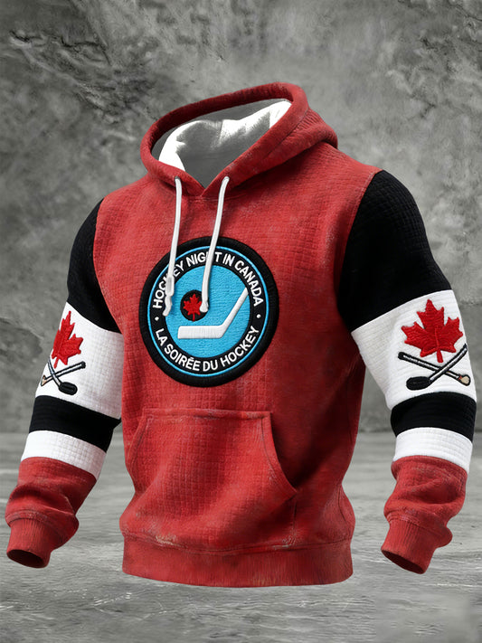 Retro Canadian Hockey Night Patchwork Casual Waffle Hoodie