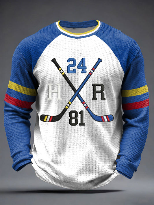 Retro Hockey Romance Patchwork Casual Waffle Weave T-Shirt