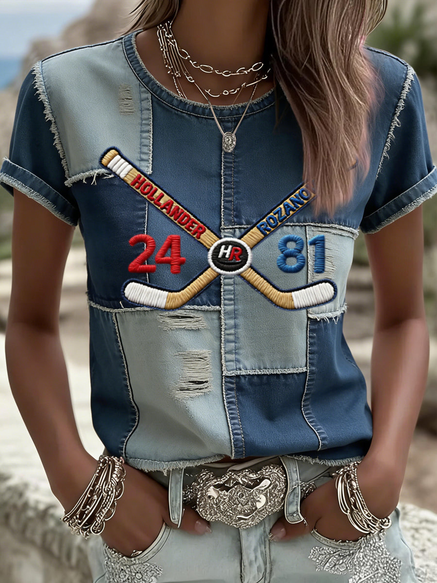 Women's Vintage Heated Rivalry Hockey Casual Patchwork T-Shirt