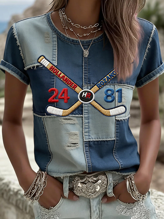 Women's Vintage Heated Rivalry Hockey Casual Patchwork T-Shirt
