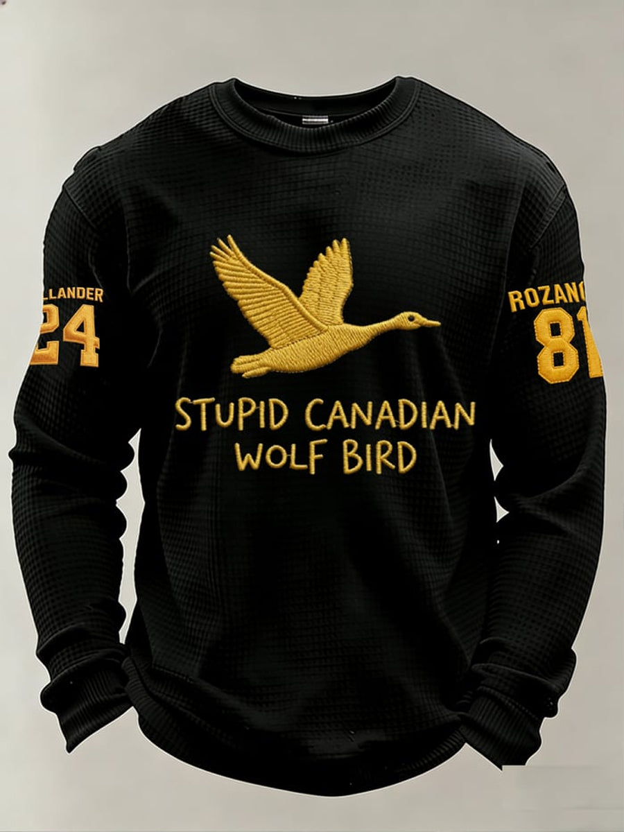 Men's Stupid Canadian wolf bird Print Long-Sleeved T-Shirt