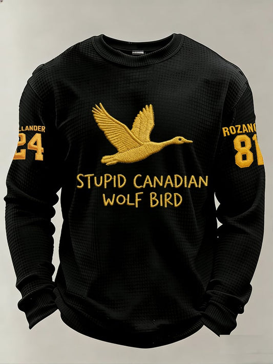 Men's Stupid Canadian wolf bird Print Long-Sleeved T-Shirt