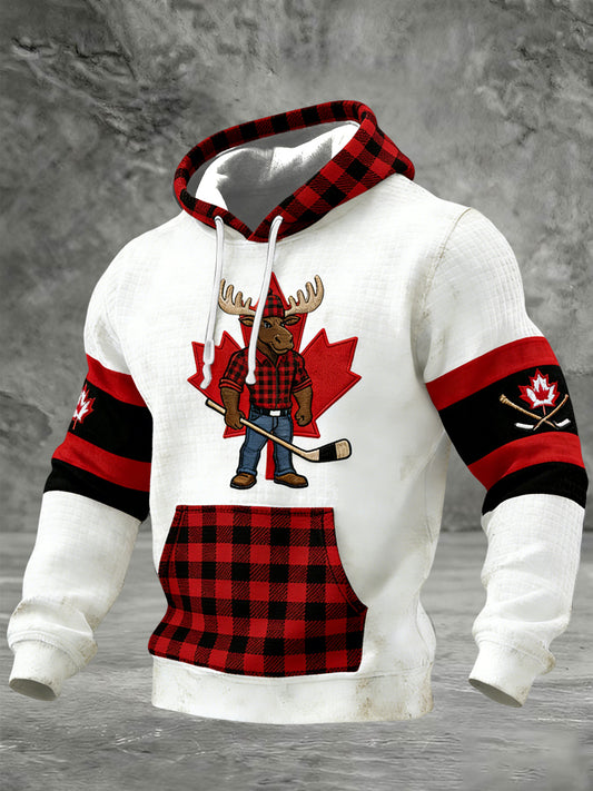 Retro Canadian Moose Hockey Patchwork Casual Waffle Hoodie