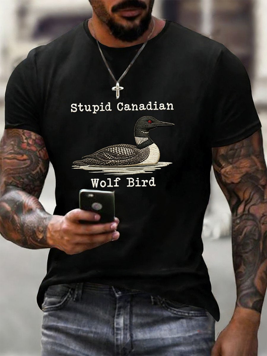 Men's Vintage Stupid Canadian Wolf Bird Print T-shirt