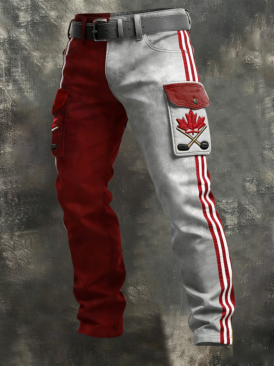 Retro Canadian Maple Leaf Hockey Patchwork Casual Work Pants