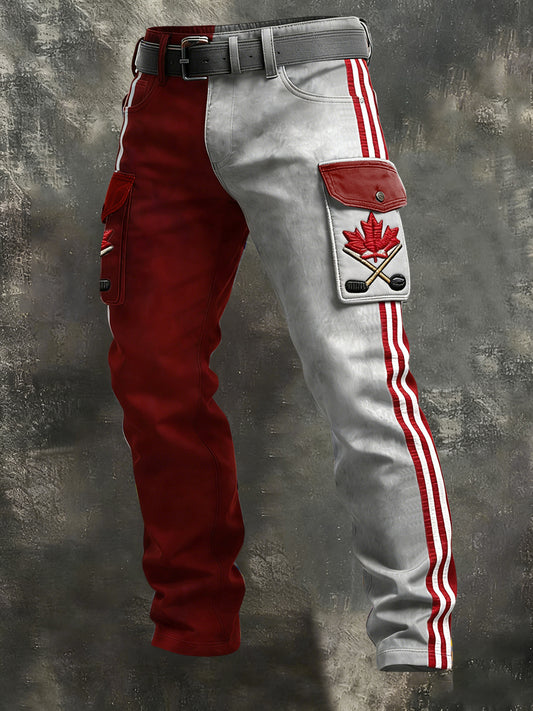 Retro Canadian Maple Leaf Hockey Patchwork Casual Work Pants