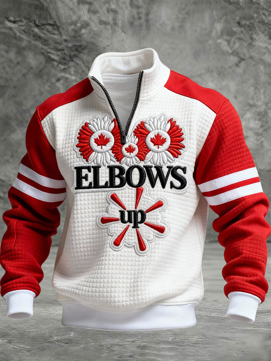Retro Canadian Hockey Maple Leaf Zipper Waffle Knit Pullover