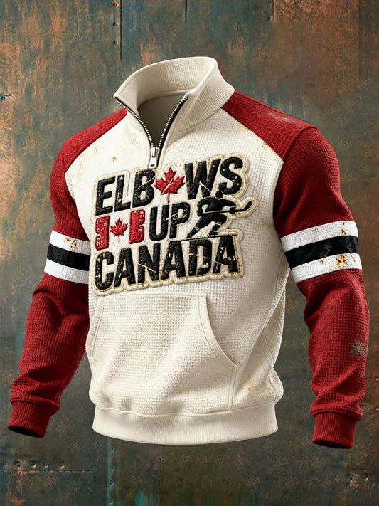 Retro Canada Elbows Up Patchwork Casual Zipper Waffle Knit Pullover