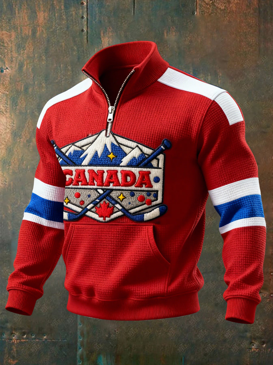 Retro Canadian Hockey Patchwork Casual Zipper Pullover