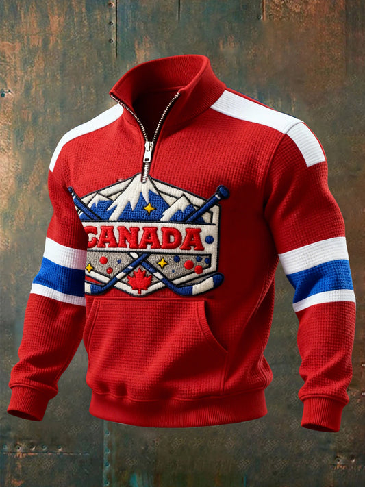 Retro Canadian Hockey Patchwork Casual Zipper Pullover