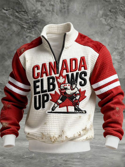 Retro Canadian Hockey Patchwork Zipper Waffle Knit Pullover