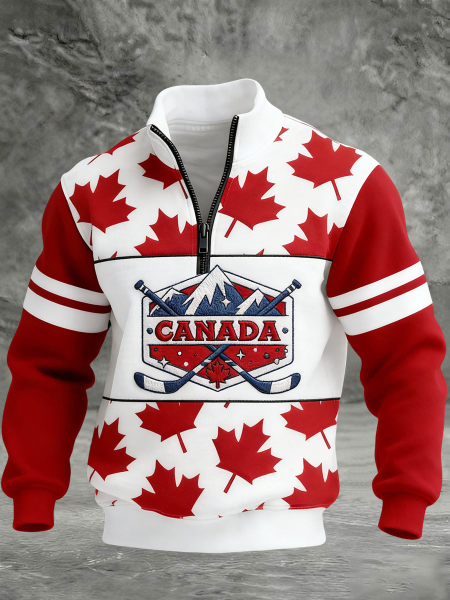 Retro Canadian Hockey Maple Leaf Patchwork Zipper Waffle Knit Pullover