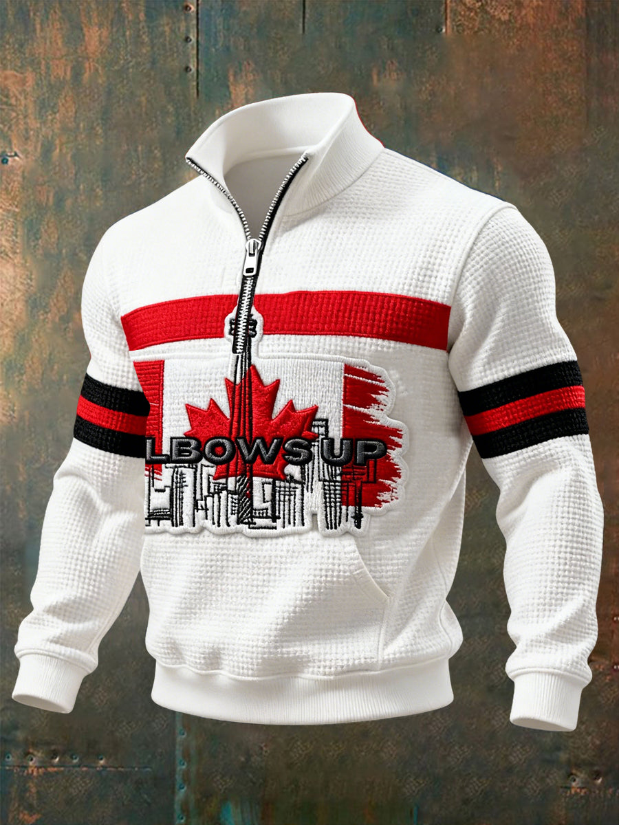 Retro Canada Flag Hockey Patchwork Casual Zipper Waffle Knit Pullover