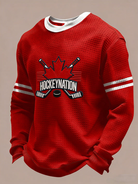 Retro Canadian Hockey Maple Leaf Casual Waffle-Weave T-Shirt