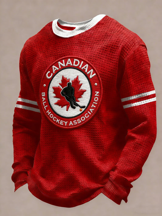 Retro Canadian Hockey Maple Leaf Patchwork Casual Waffle Weave T-Shirt