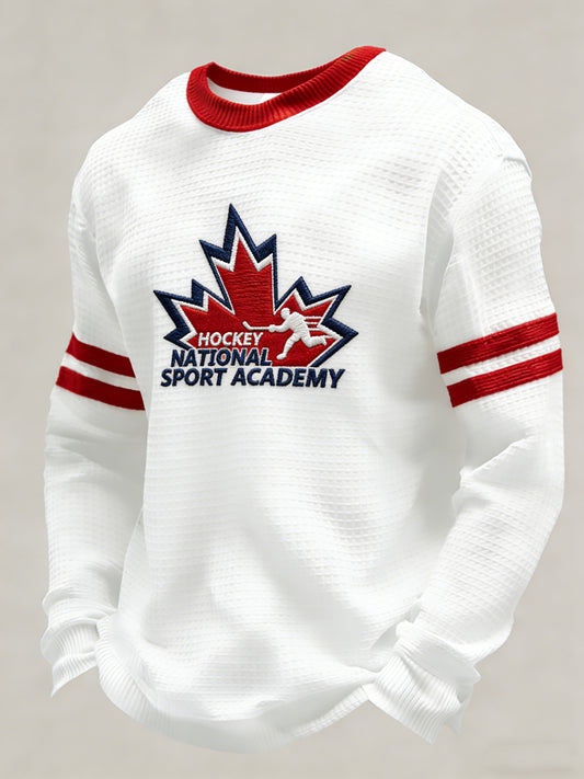 Retro Canadian Maple Leaf Hockey Casual Waffle-Weave T-Shirt
