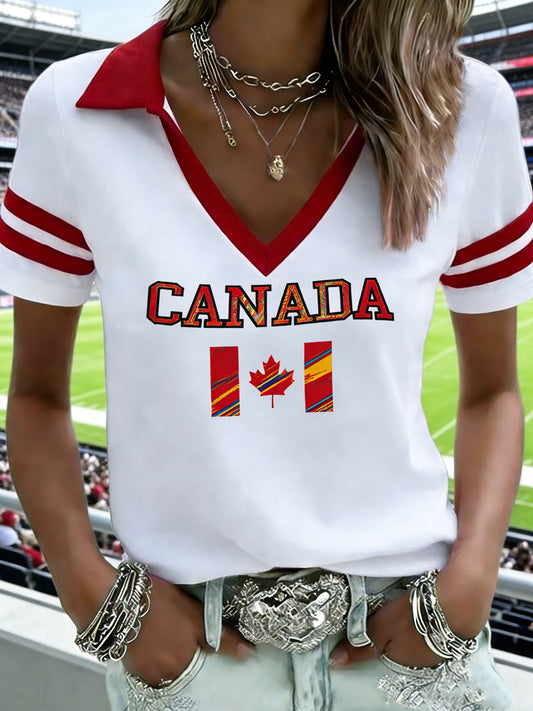 Women's Vintage Canadian Football Casual Collared T-Shirt
